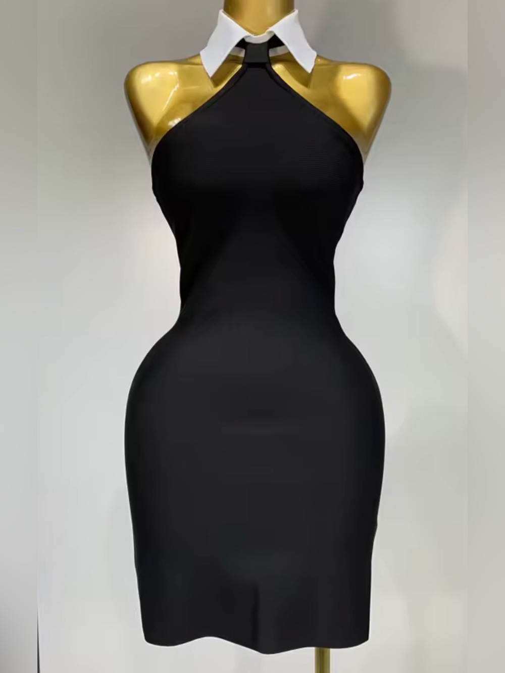 Women Sexy Backless,White Shirt Collar, Black Mini Bodycon Bandage Dress NWT